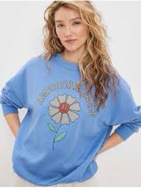AE Light Blue Floral Graphic Pullover Sweatshirt
